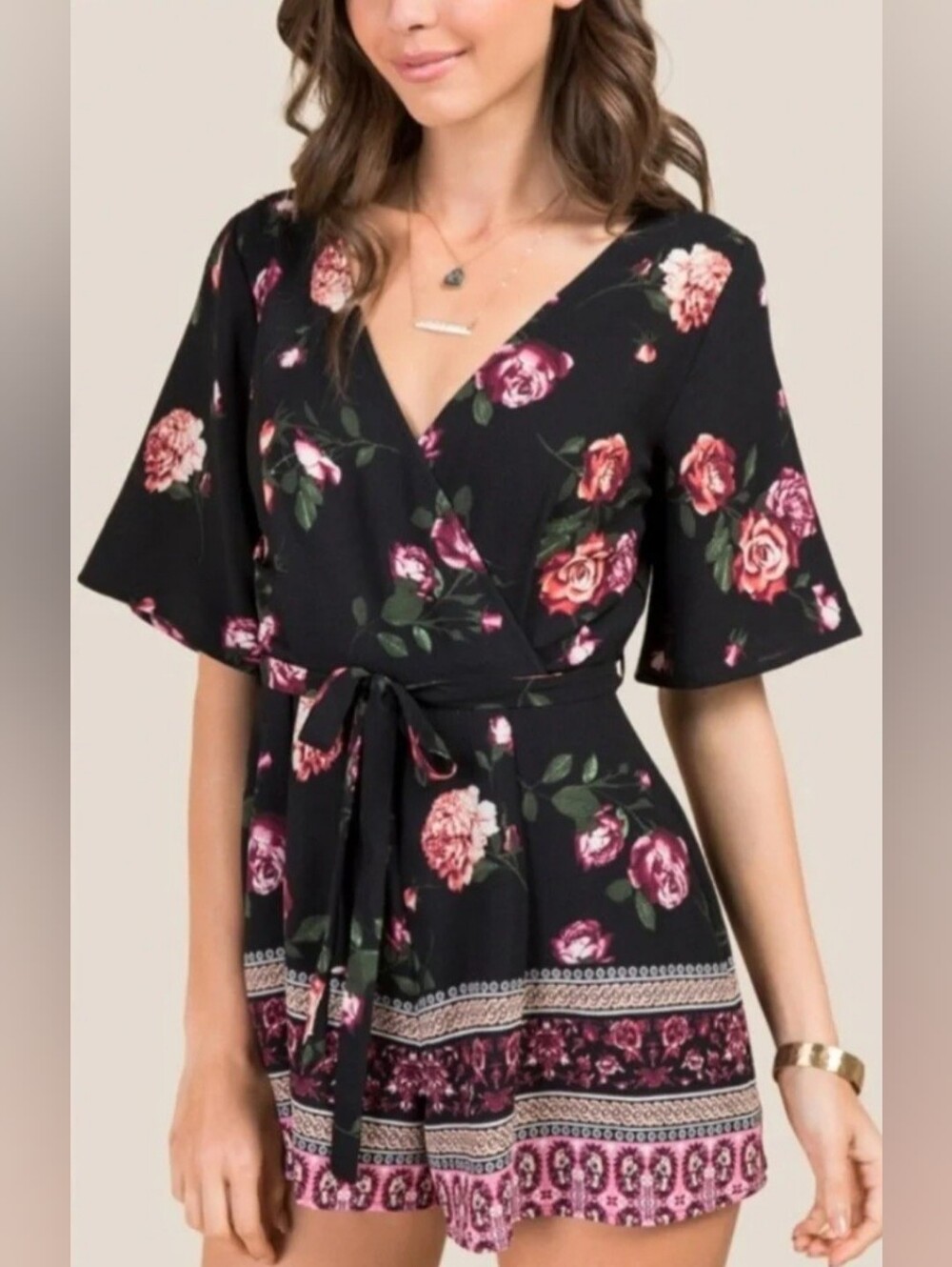 Floral Wrap V-Neck Black Women's Top with Tie Waist